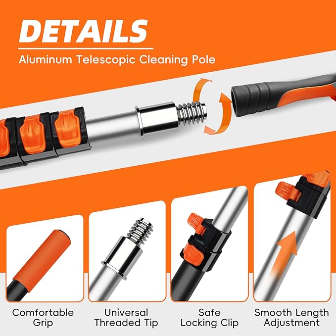 DALTACK 32 Foot High Dusters Kit for Cleaning with 5.6-24 Foot Heavy Duty Extension Pole Extendable Reusable Cobweb Feather Ceiling Fan Cleaner Duster Window Squeegee Kit