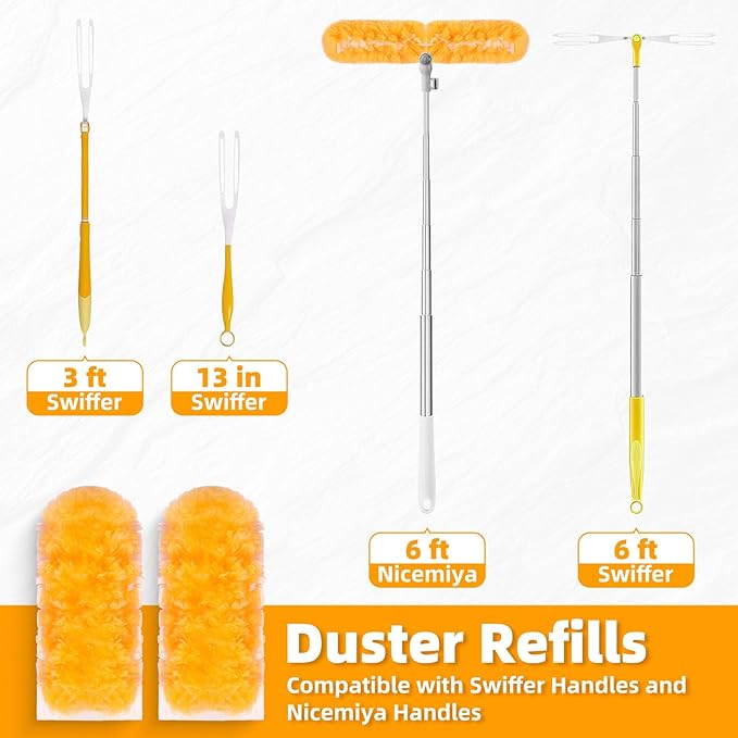 6 ft Extendable Handle with 20 Duster Refills Heavy Duty Duster Refills Kit Compatible with Swiffer 360 Disposable Microfiber Duster Pads for Ceiling Fan Window &amp Hard to Reach Areas Cleaning