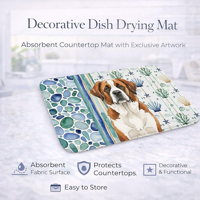 Caroline's Treasures Brown and White Saint Bernard Coastal Sea Glass Dish Drying Mat Absorbent Dish Drying Mat Pad for Kitchen Counter Dish Drainer Mat for Countertop 14 x 21 Multicolor
