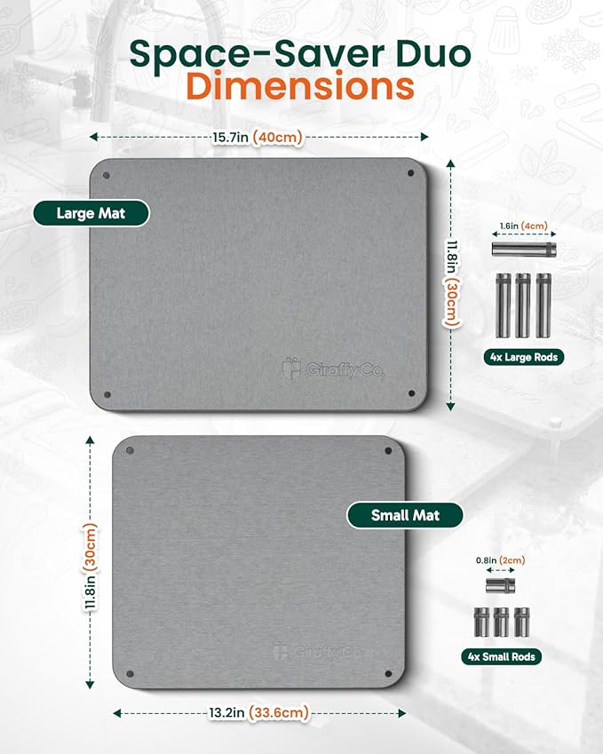 Stone Dish Drying Mat Set for Kitchen Counter - Space Saver Duo Nesting 2‐Piece Drying Stone Mats (1 Large + 1 Small) Stackable 2‐Tier Dish Drying Rack Sandpaper Included