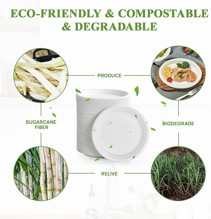 Vplus 350 Pack Paper Plates 7 inch 100% Compostable Heavy-Duty Disposable Paper Plates Bagasse Natural Biodegradable Eco-Friendly Sugarcane(White)
