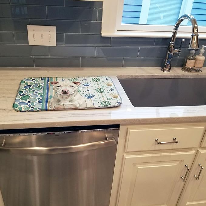 Caroline's Treasures White Staffordshire Bull Terrier Coastal Sea Glass Dish Drying Mat Absorbent Dish Drying Mat Pad for Kitchen Counter Dish Drainer Mat for Countertop 14 x 21 Multicolor