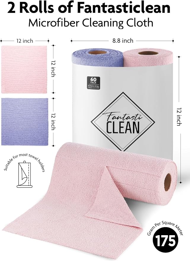 Fantasticlean Microfiber Cleaning Cloth Roll -60 Pack Tear Away Microfiber Towels 12 x 12 Reusable Washable Scratch Free Ultra Absorbent Dishcloth for All-Around Cleaning (Pink &amp Lavender)