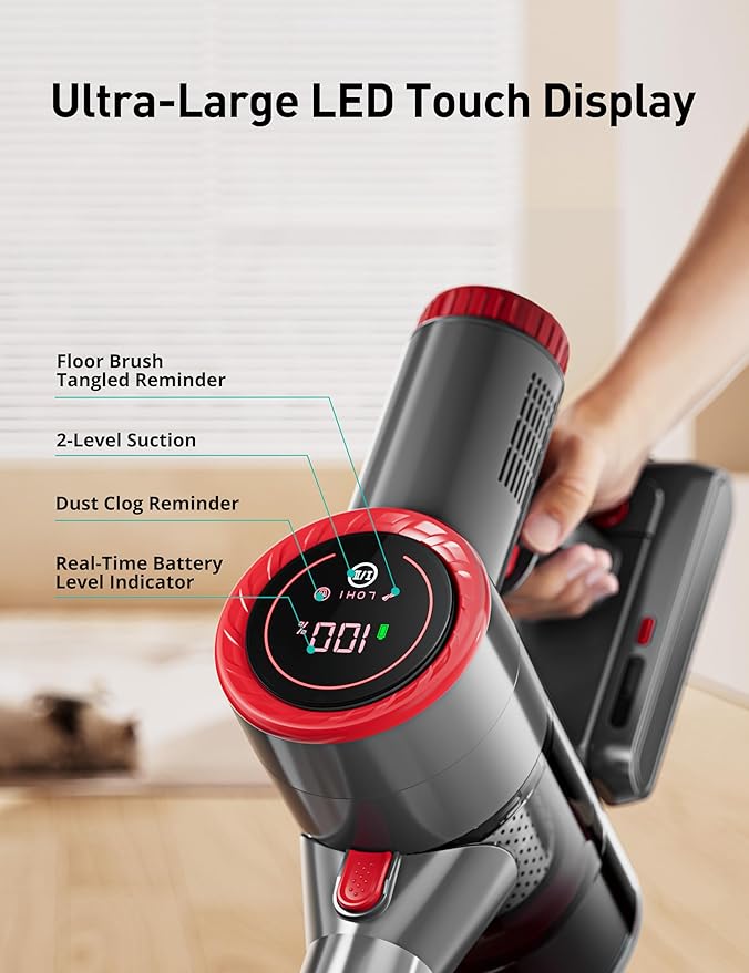 Aspiron Cordless Vacuum Cleaner Vacuum Cleaners for Home Powerful Suction with Large LED Touch Display Rechargeable Stick Vacuum LED Headlights Handheld Vacuum for Hard Floors Carpets Sofa Car