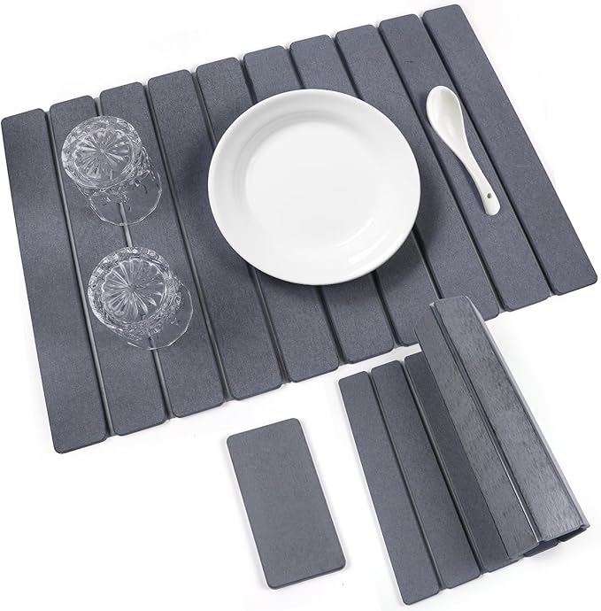 2 PCS Quick Dry Stone Dishes Mats for Kitchen CounterCollapsible Quick Drying Dish MatsUltra Absorbent Diatomaceous Earth Mats for Dishes Bottles Cups Match Any Countertop（Dark Gray 24×16&amp 8