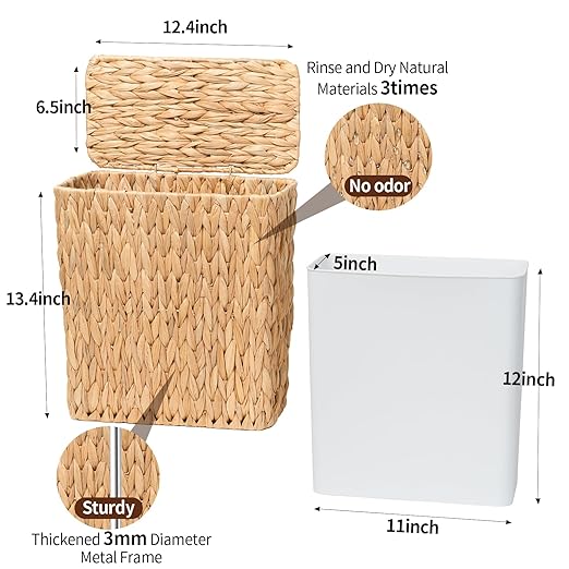 3 Gallon Wicker Trash CanSmall Bathroom Trash Can with LidNatural Water Hyacinth Wicker Waste Basket for BedroomToiletNarrow Garbage Can with Removable Liner