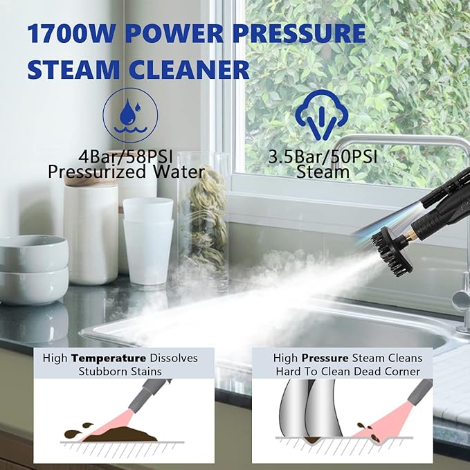 Moongiantgo High Pressure Steam Cleaner 1700W Power High Temp Portable Handheld Cleaning Machine for Car Detailing Tankless Heavy Duty for Home Use Kitchen Bathroom Grout Tile