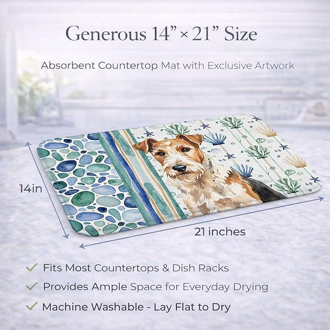 Caroline's Treasures Wire Fox Terrier Coastal Sea Glass Dish Drying Mat Absorbent Dish Drying Mat Pad for Kitchen Counter Dish Drainer Mat for Countertop 14 x 21 Multicolor