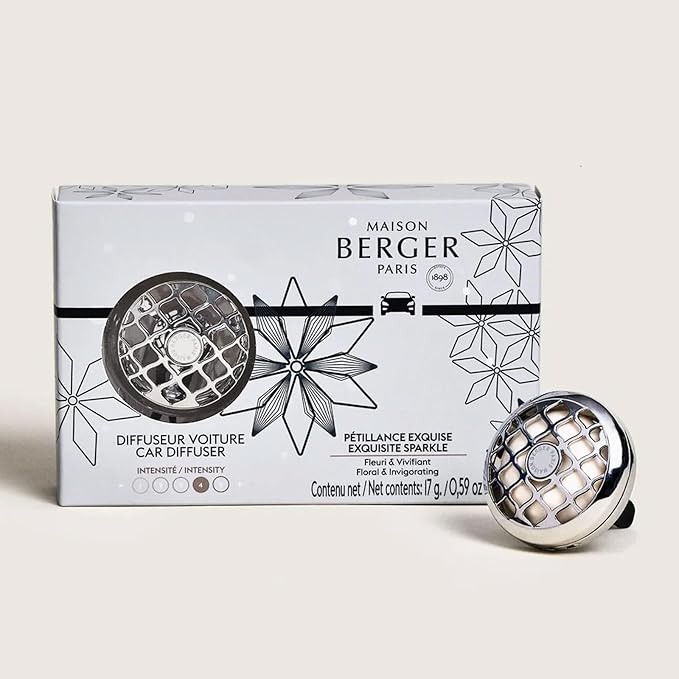 Maison Berger Car Diffuser Set Rosalie Exquisite Sparkle – Refillable Vent Clip with Ceramic Refill Passive Diffusion Festive Fresh Scent Made in France Luxury Auto Scent - 4-Week Diffusion