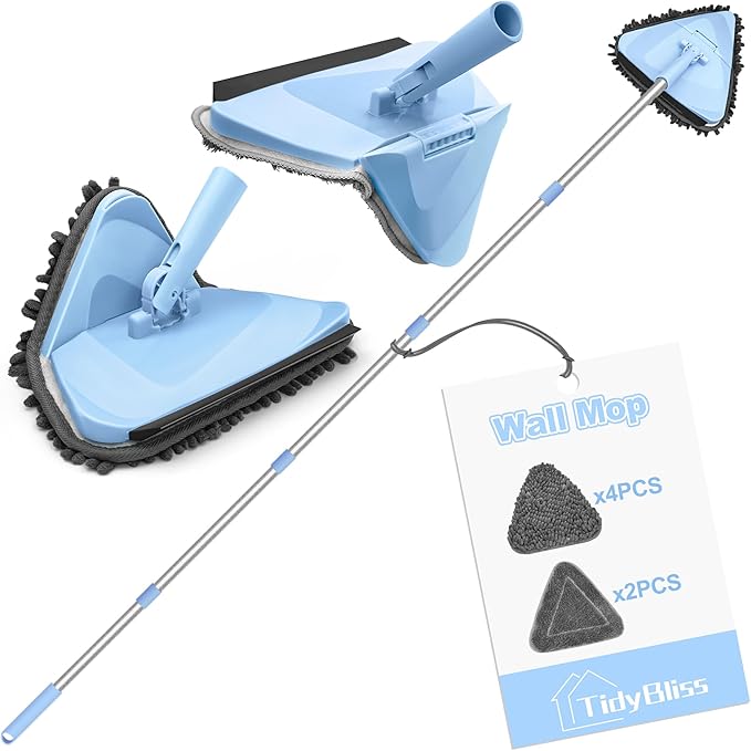 Wall Cleaner Mop with 80” Long Handle 360° Swivel Ceiling Duster Scrubber with Collapsible Head Baseboard Cleaning Tool with 4 Chenille and 2 Microfiber Pads for Windows Floor (Blue)