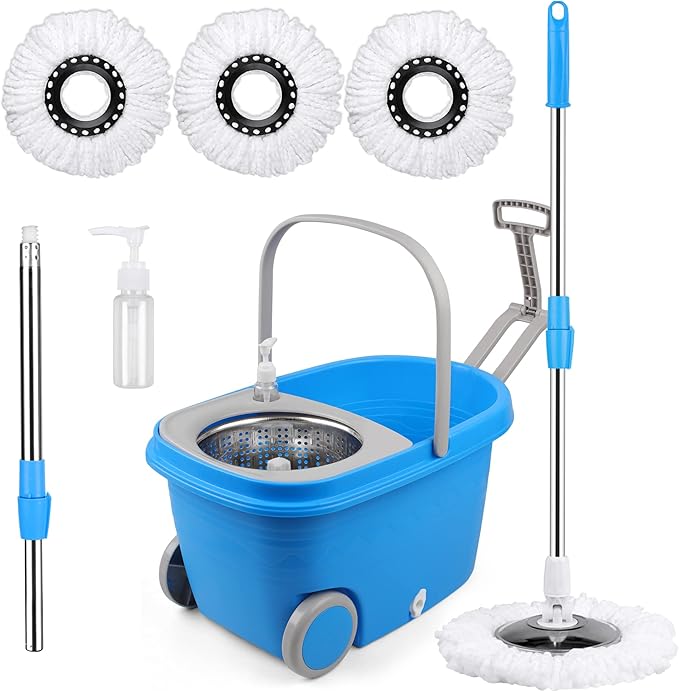 Mop Bucket with Wringer Set Extended Stainless Steel Handle 3 Microfiber Replacement Mop Head Refills 2 Wheels for Household Cleaning Hardwood Floor Tiles Blue/Gray