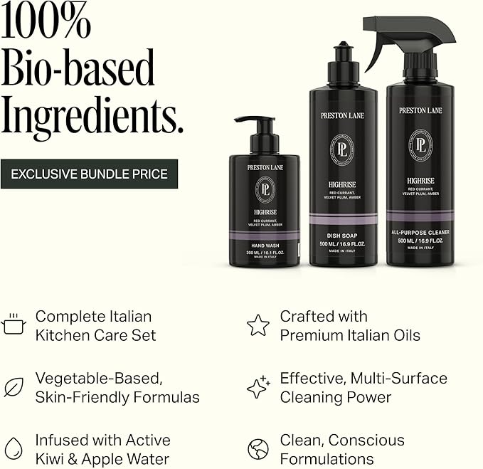 Preston Lane Luxury Kitchen Set – Hand Wash Dish Soap &amp All-Purpose Cleaner | Plant-Powered Cleaning Essentials Bundle with Fine Italian Fragrance Highrise Scent