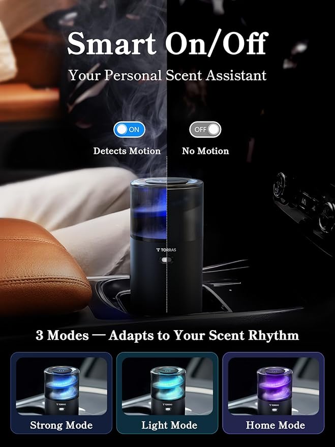 Torras Smart Car Air Freshener Diffuser CF18 Landscape Car Diffuser Auto On/Off 3 Modes Ambient lights 1100mAh Built-in Battery Perfume Natural Fragrance Lasts 3 Months