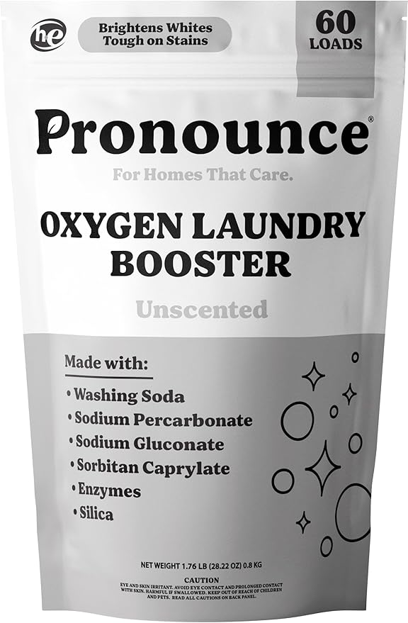 Pronounce Oxygen Laundry Booster with Enzymes - Brightens White &amp Tough on Stains Fights Odor. Stain Remover Cleaner Ingredients Fragrance Free - Ultra Concentrated HE - 60 Loads (Unscented)