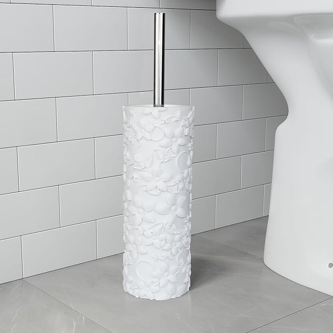 White Floral Design Resin Toilet Bowl Holder and Brush Set Stylish Bathroom Cleaning Tool with Durable Bristles Compact and Functional
