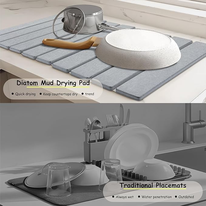 Stone Dish Drying Mat For Kitchen &amp Bathroom - Diatomaceous Earth Quick Dry Collapsible Non - Slip Pvc Rounded Corners 15.7 X 11.8 IN Absorbent Natural Material For Dishes Cups &amp More