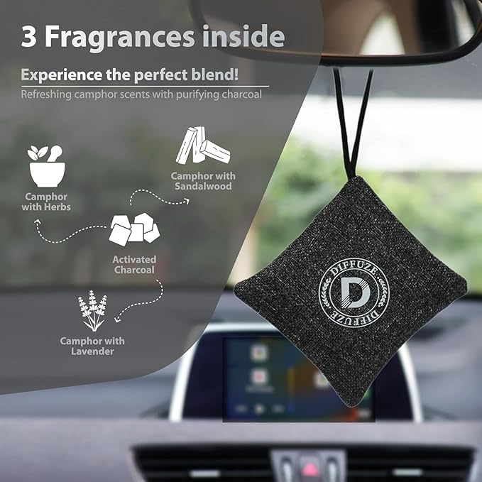 DIFFUZE Camphor Bag Pro | 4-in-1 Luxury Air Freshener for Car &amp Home | Grey Jute Bag with Herbs Lavender Sandalwood &amp Charcoal | Long Lasting Natural Car Perfume &amp Air Purifier