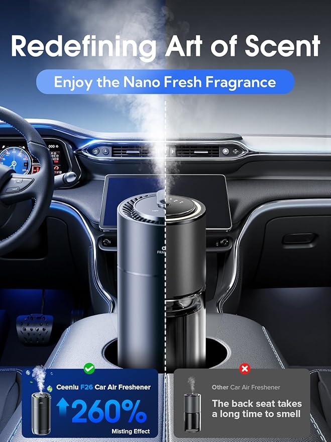Ceeniu Smart Car Air Fresheners New Smell Experience By Ultrasonic mist Auto On/Off Natural Fragrance Lasts for 4 Months Adjustable Built-in Battery Car freshener
