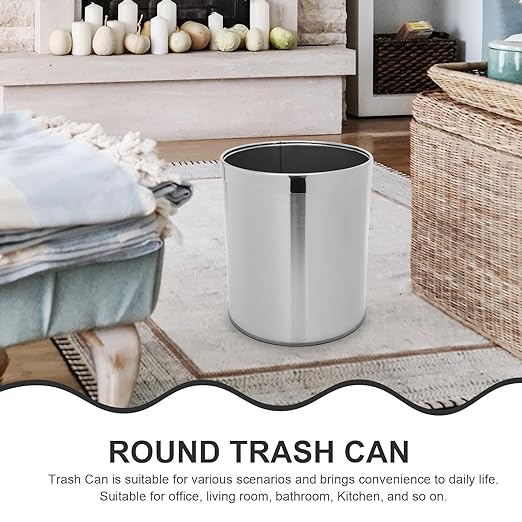 Alipis Stainless Steel Trash Bin Round Wastebasket Single Layer Kitchen Garbage Can Bathroom Litter Box for Home Use