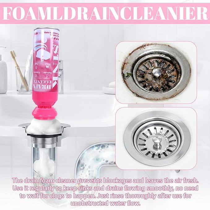 Foaming Drain Cleaner - Sink Cleaner and Deodorizer for Kitchen Sinks Shower Drains and Tubs Monthly Maintenance to Avoid Clogs. (2pcs coral pink)