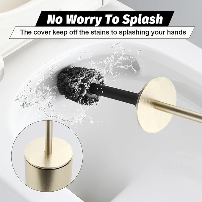 BGL Toilet Brush with Holder Set Brushed Gold Aluminium Standing for Bathroom Toilet Bowl Cleaner Brush and Holder Set Round Design