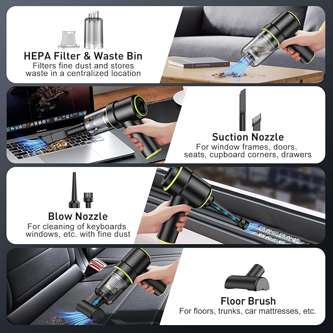 KMM Handheld Car Vacuum Cleaner 9000PA Vacuum Cleaner &amp Air Duster 120W High Power Vacuum Portable Cordless Hand Held Vacuum Rechargeable with Multi-Nozzles &amp LED Light for Home Car Offic