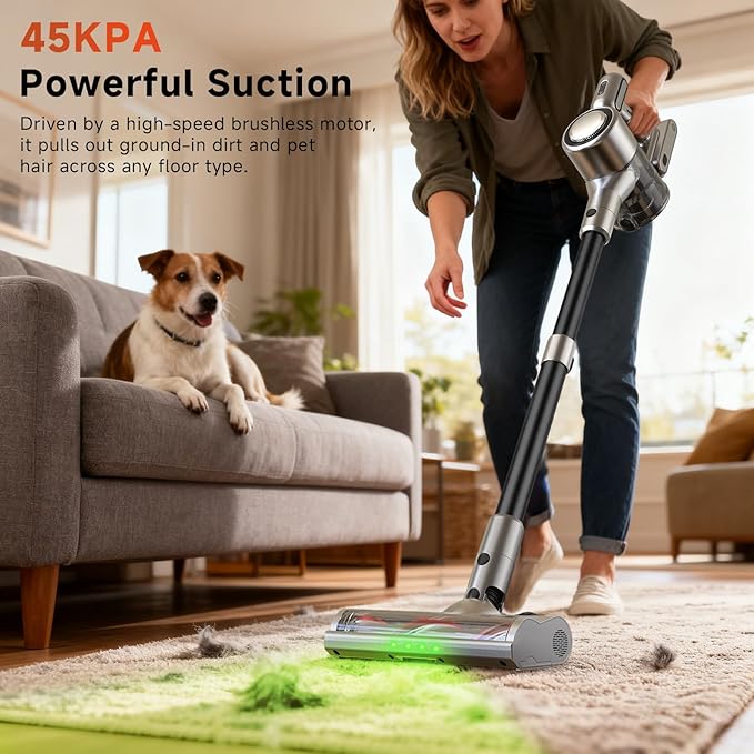 Cordless Stick Vacuum Cleaner - Rechargeable45Kpa Powerful Suction Vacuum for Home45Mins RuntimeDetachable BatteryAnti-Tangle 8 in 1 Lightweight Vacuum for Pet Hair Carpet HardwoodSilver