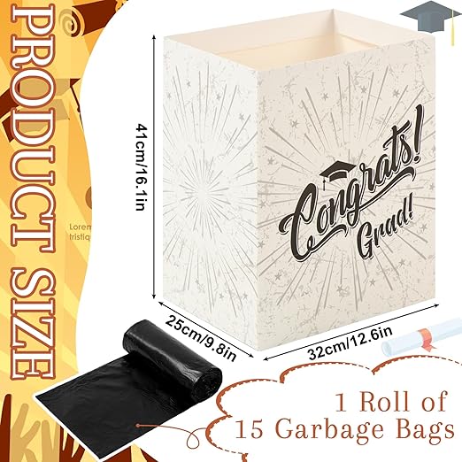 12 Pcs Graduation 13 Gallon Disposable Trash Cans Graduation Trash Bins with 15 Pcs Garbage Bag 1 Roll Double Sided Tape Graduation Disposable Garbage Can for Graduation Party