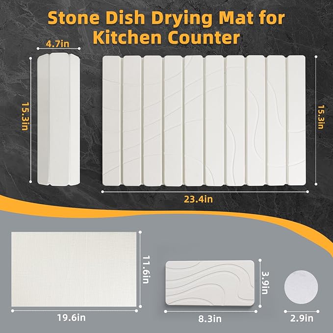 2 PCS Large Stone Dish Drying Mats for Kitchen Counter - Large 24x16 &amp Small 8x4 Dish Drying Mat Fast Drying Collapsible Dish Drying Mat Cups Bottles Match Any Counter Top