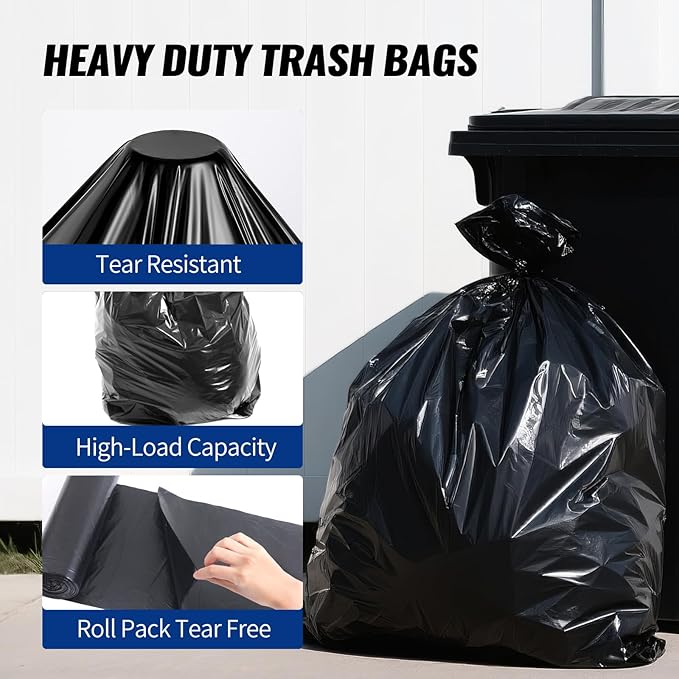 AROIC 55-60 Gallon Trash Bags 120 Count Tear-Free Large Black Garbage Bags 17 Micron Lightweight Black Liners for Kitchen Office Outdoor Lawn and Leaf Bags &amp Daily Use Dry Waste