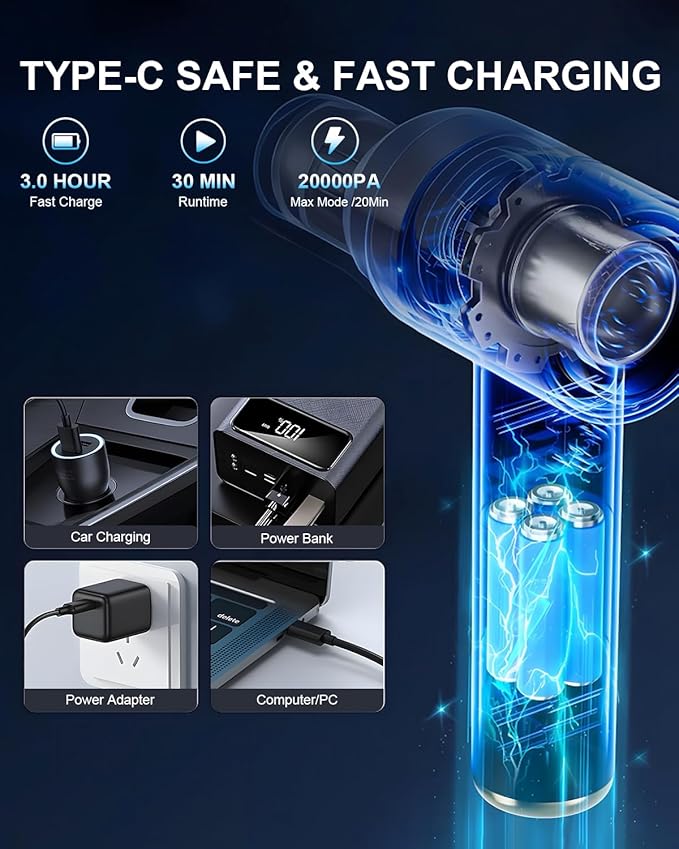 Handheld Car Vacuum Cleaner 4-in-1 Portable Mini Vacuum with 4 Suction Modes 21000Pa Cordless Vacuum Cleaner Rechargeable with LED Light Type-C Charge for Car Home Office Pet Hair Keyboard