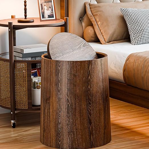 Garneck Large 15L Swing Lid Trash Bin Artificial Wood Grain Wastebasket Multipurpose Garbage Can for Home Bathroom Kitchen Office Use