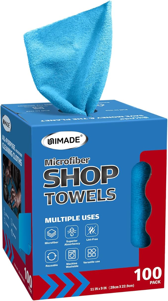 Shop Towels 100 Sheets Microfiber Cleaning Cloth Commercial Grade Washcloths Lint-Free Bulk Shops Rags for Cars Mechanic Restaurant Garage Housekeeping 11x 9 Blue