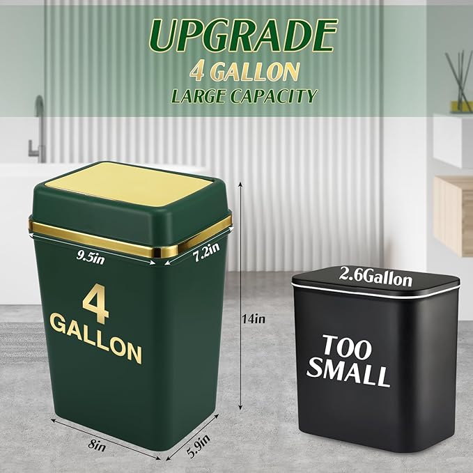 Bathroom Trash Can with Lid 4 Gallon Small Trash Can with Swing Lid Black/Navy Blue/Dark Green Bathroom Garbage Can with 225 Counts Trash Bags for Kitchen Bedroom Office