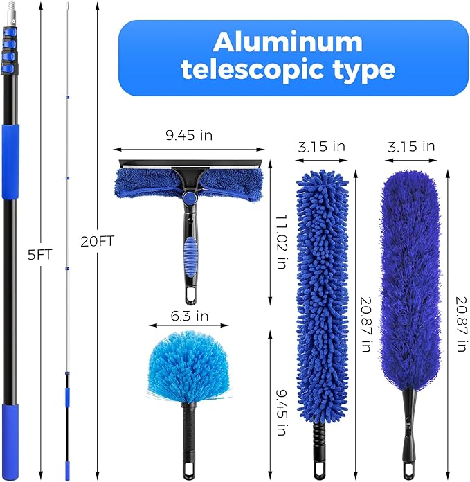 26ft High Reach Duster Kit Aluminum 5-20ft Fan &amp Window Cleaner Set Versatile Dusting Set with 5 Replaceable Heads for Cleaning Fans Windows and Hard-to-Reach Areas Outdoors Without Ladder