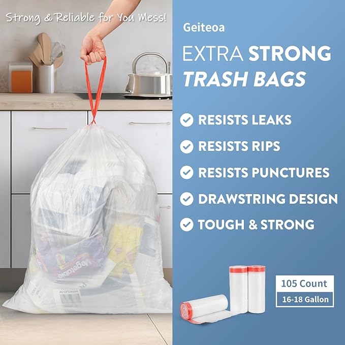 16-18 Gallon Trash Bags with Drawstring Clear Large Strong Trash Can Liners Heavy Duty Plastic Garbage Bags for Home Kitchen Office Lawn Commercial (105)