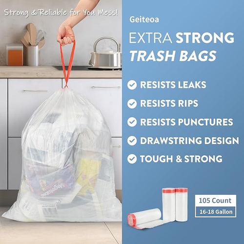 16-18 Gallon Trash Bags with Drawstring Clear Large Strong Trash Can Liners Heavy Duty Plastic Garbage Bags for Home Kitchen Office Lawn Commercial (105)