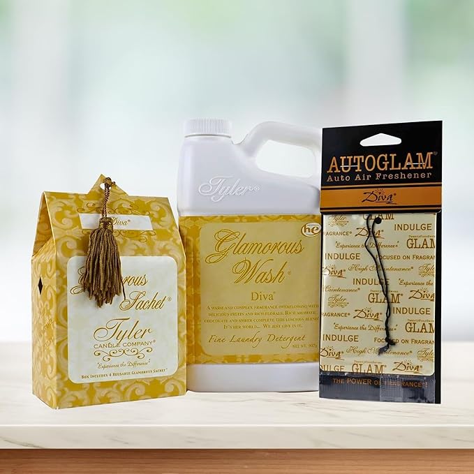 Elanze Designs Tyler Candle Glamorous Wash 32 Ounce Scented Sachet and Autoglam Air Freshener 3 Piece Gift Bundle Set Diva Fragrance