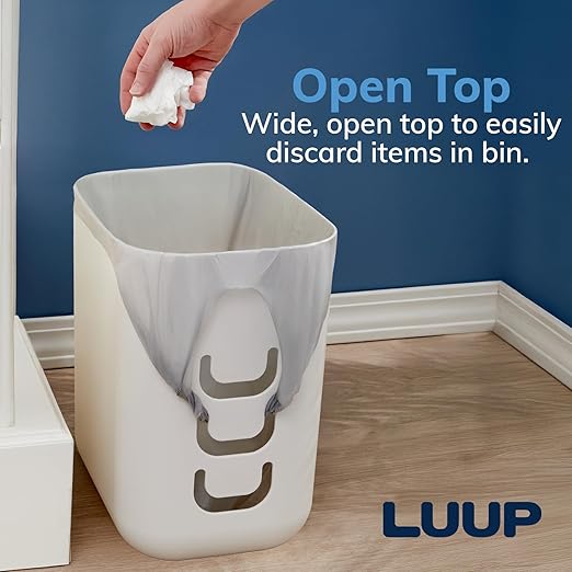 STORi Luup Bathroom Wastebasket 2pk Secure Grocery Bags Plastic Garbage Container for Vanity Laundry Room Kitchen Office 2.5 Gallon White Made in USA
