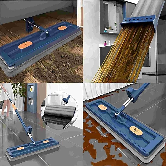 2024 Large Flat Mop360° Rotating MopAdjustable Stainless Steel Long Handle with 6 Washable Microfiber Pads for Floor Wet and Dry Cleaning with Dewatering Scraper 12027(Blue)