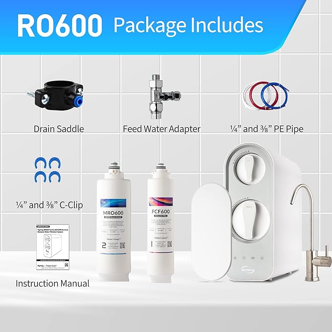 iSpring RO600BN Tankless Reverse Osmosis System Under Sink 600 GPD Fast Flow RO System 2.5:1 Pure to Drain Ratio RO Water Filter System Brushed Nickel Faucet White