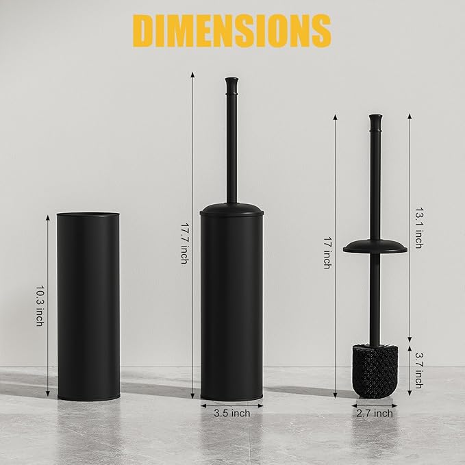 BESy Toilet Brush and Holder Toilet Cleaner Bowl Set with Two Brush with Extra Long Handle Durable Bristles Toilet Scrubber and Covered Holder Drip-Proof Stainless Steel Matte Black