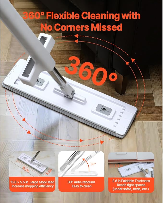 Happybuy Microfiber Flat Mop with Self-Wringing Handle – Includes 4 Washable Pads for Wet/Dry Cleaning on Tile Laminate &amp Hardwood Floors