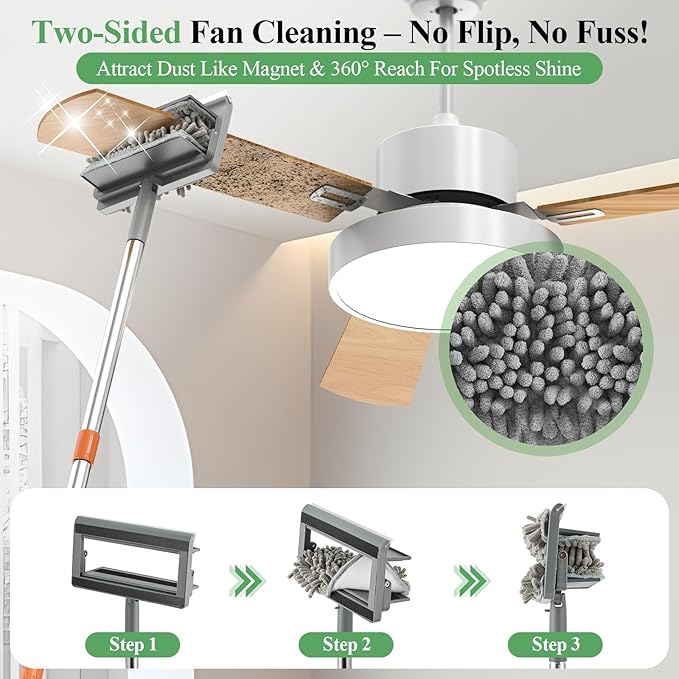 Ceiling Fan Cleaner Duster - 79 Extension Pole &amp Dual Brush Heads Baseboard Cleaner Tool with Handle 4-in-1 Reusable Fan Blade Cleaner Ceiling Fan Duster for Fan Blades Baseboards Corners