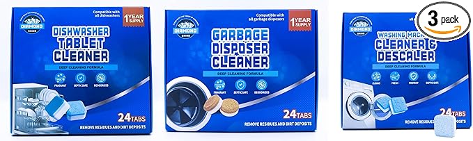 Diamond Shine Appliance Cleaner Bundle – 24 Tabs Each – Dishwasher Tablet Garbage Disposer &amp Washing Machine Descaler – Septic Safe Deodorizes Fresh Scent – 1-Year Supply