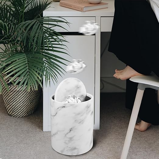 Veemoon Marble Pattern Trash Can 15L Flip Lid Plastic Waste Basket for Kitchen Bathroom Office Home Round Garbage Bin with Double Layer Cover