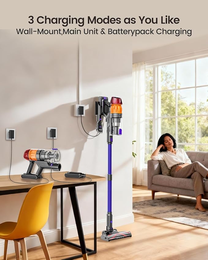 Cordless Vacuum Cleaner500W 40KPa 60Mins Vacuum Cleaners for HomePowerful Stick Vacuum With Green LightAnti-tangle Wireless Vacumm Rechargeable Vacuum for Pet Hair/Carpet/Hardwood FloorPurple