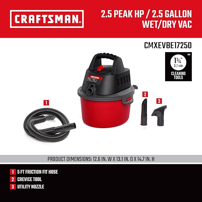 CRAFTSMAN CMXEVBE17250 2.5 Gallon 2.5 Peak HP Wet Dry Vac Portable Shop Vacuum Wet and Dry with Filter Bag Hose and Attachments for Cleaning in the Home