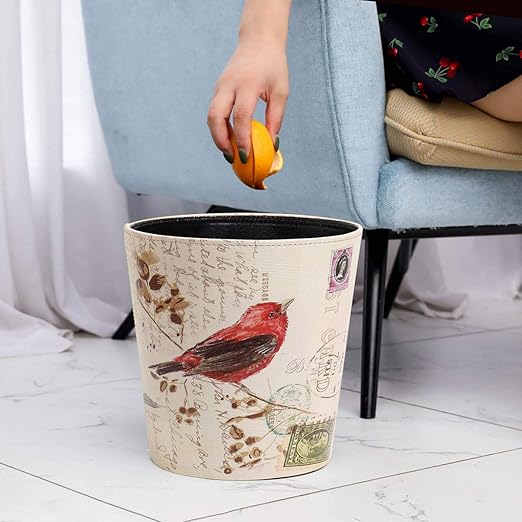 PU Leather Small Trash Can Wastebasket Round Garbage Container Basket for Bathrooms Laundry Room Kitchens Offices Kids Rooms BedroomsDormsHome Decorative Art Bin 2.9 Gallon(Bird Design)