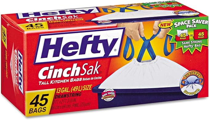 Hefty Tall Kitchen Drawstrings Bags Odor Block Scent Free 13 Gallon 45 Ea (Pack of 6)